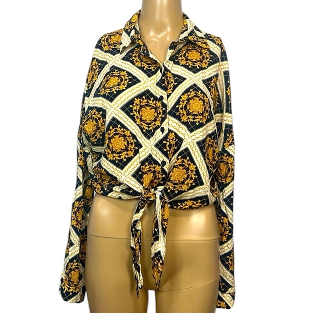 Patterned Tie-Front Button-Up Blouse in Black and Gold